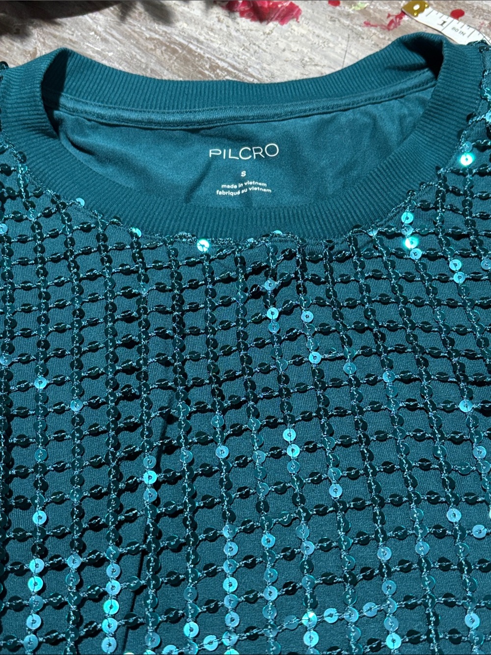 NWT Anthropologie Pilcro Sequin Shine Mesh Top - Teal / Turquoise - Size [S] - Picture 3 of 11